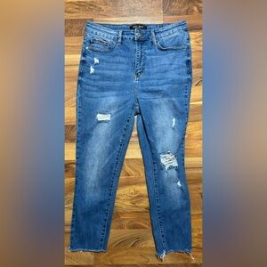 Judy Blue Skinny Fit Jeans 11 / 30 Distressed Rainbow Embroidered Raw Hem